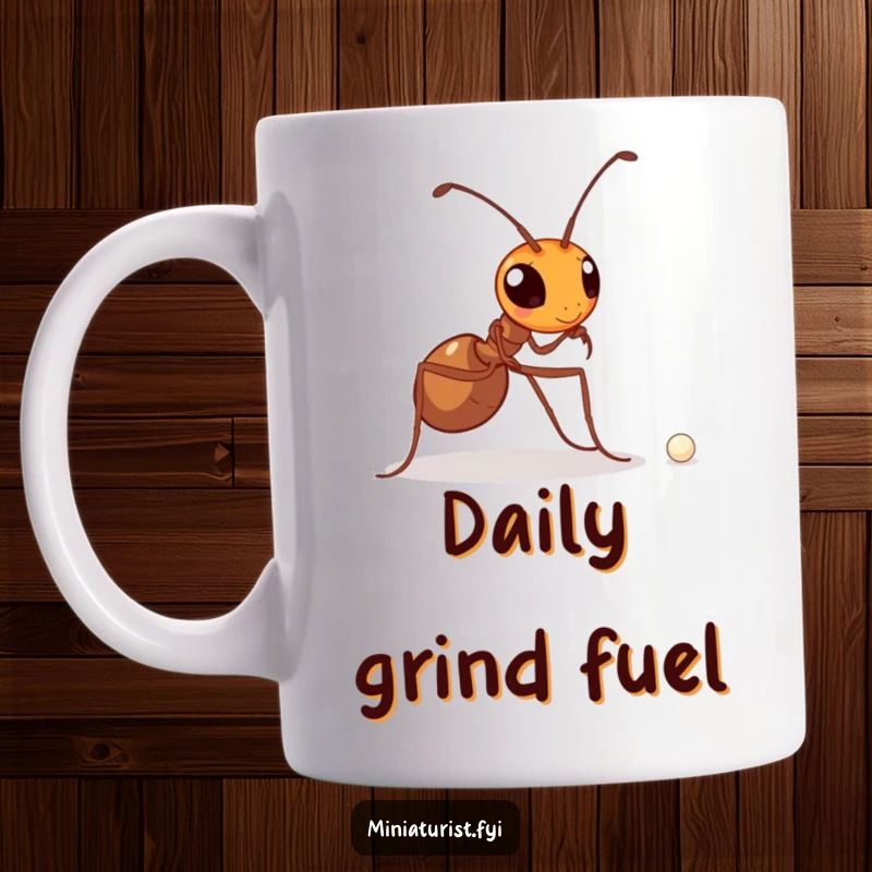 Funny mug showing a determined ant struggling to carry a minuscule pearl, symbolizing incredible effort and perseverance.