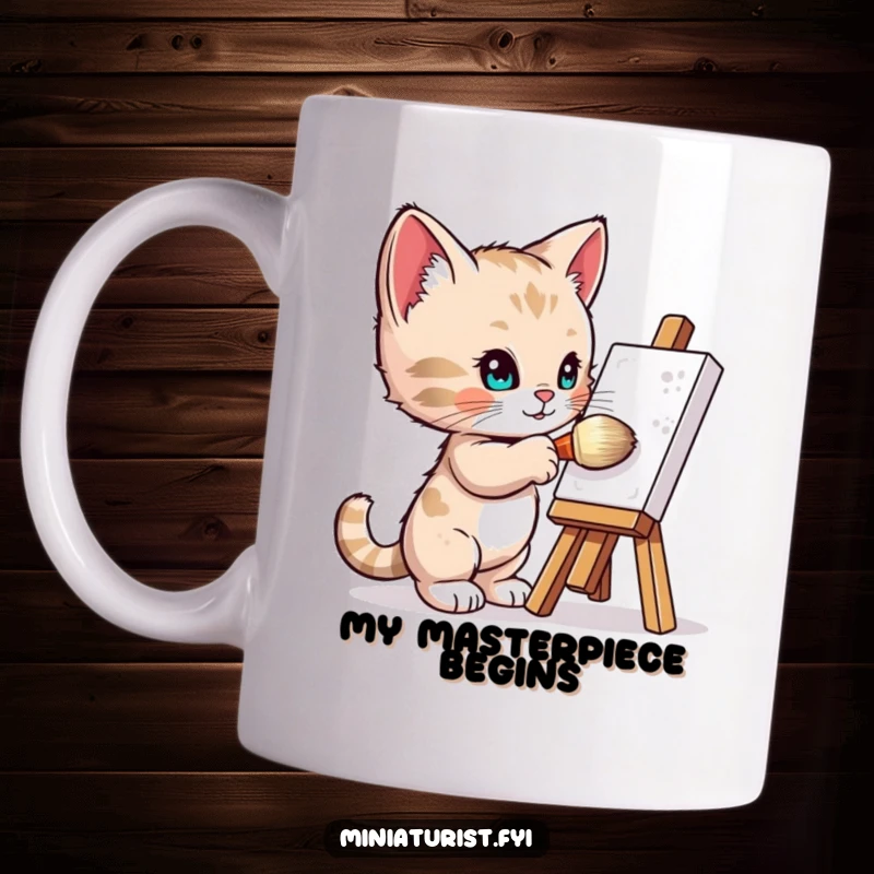 Funny Mug: A tiny kitten artist enthusiastically painting a miniature easel with a giant brush, brimming with creative joy.