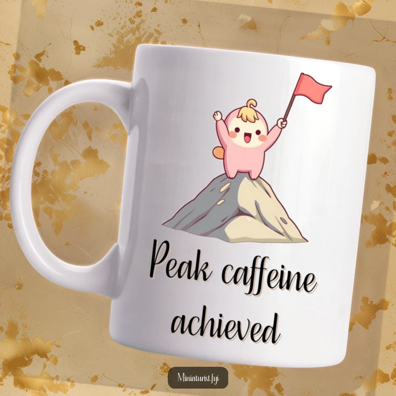 Funny mug with a cute character joyfully waving a small flag atop a majestic mountain, embodying excitement and achievement.