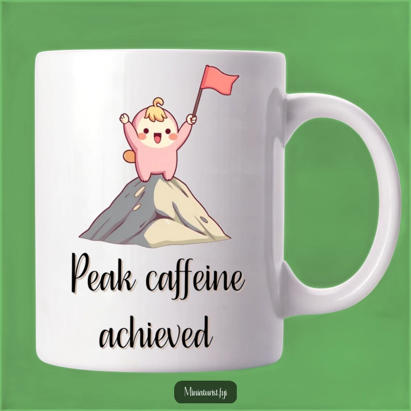 Funny Mountaintop Explorer Mug: Cute Character Waving Flag, Perfect Funny Gift for Adventurers