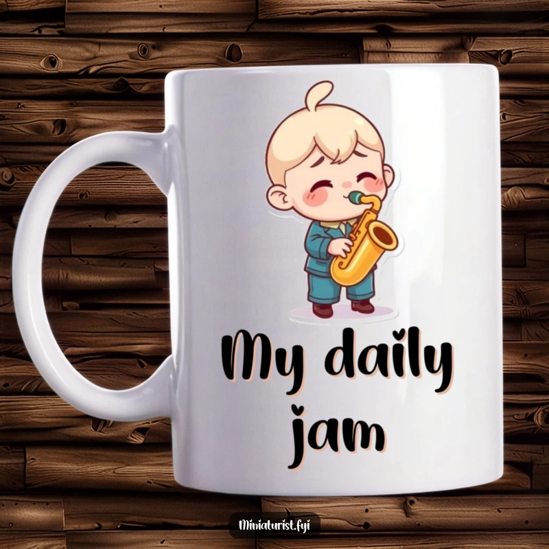 Funny saxophone mug with a miniature character playing a tiny sax with immense passion and joyful expression, a delightful gift.