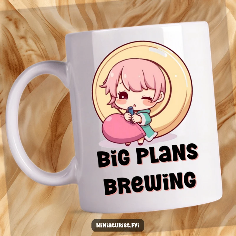 Funny sewing mug with a tiny, winking character hilariously attempting to sew a giant button onto fabric, showcasing effort and humor.