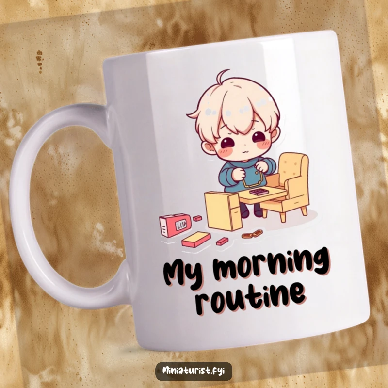 Funny mug featuring a tiny character intensely building miniature furniture with a determined, comical expression.