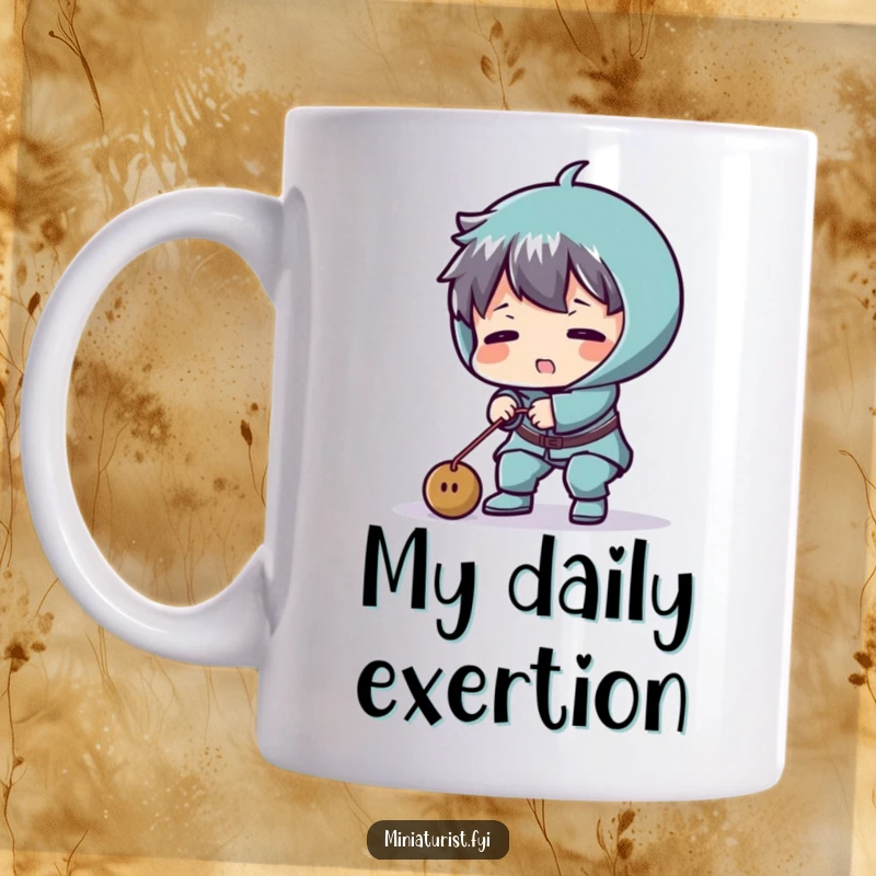 Funny mug showing a tiny character comically straining to lift a minuscule weight, a humorous depiction of effort.