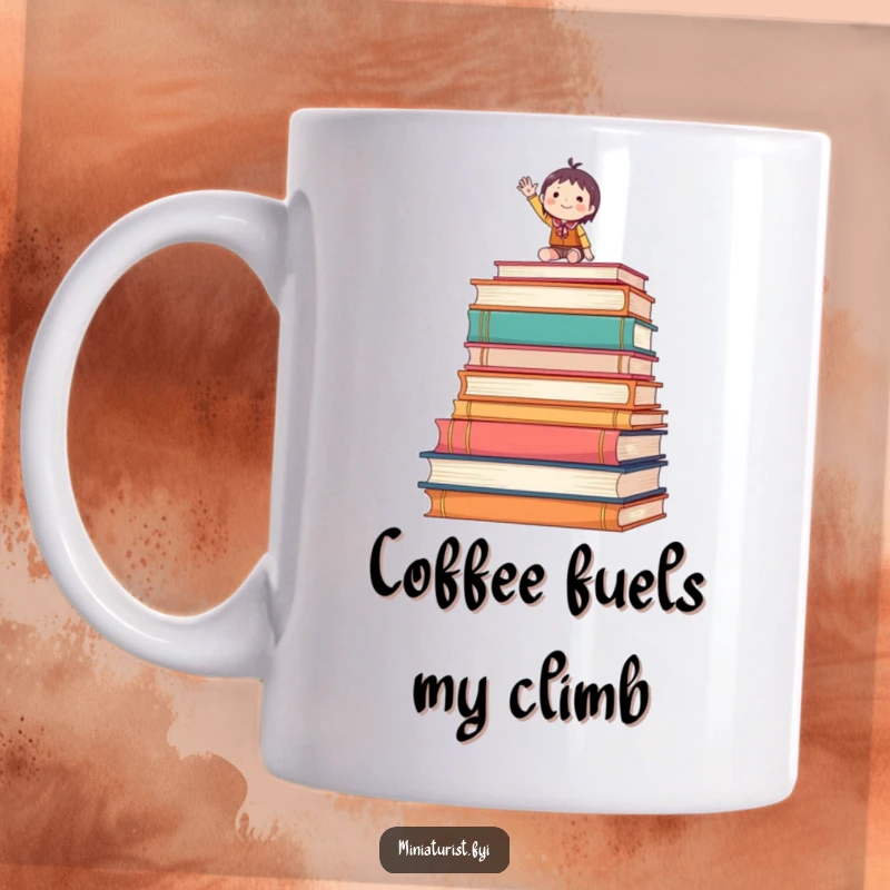 Funny mug showing a tiny figure waving enthusiastically from atop a stack of oversized books, a cheerful reading gift.