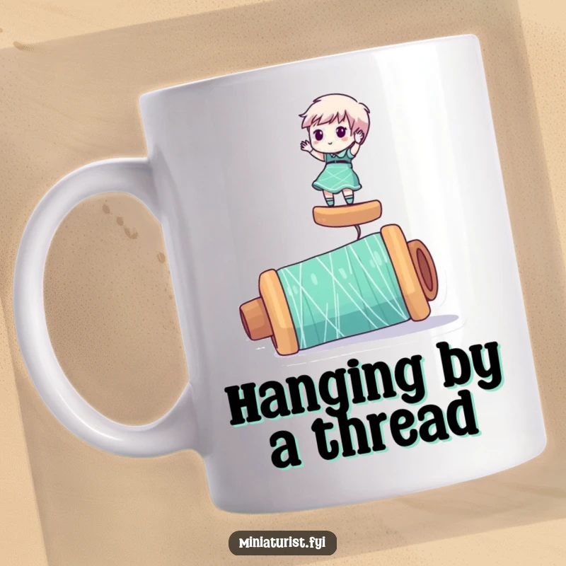 Funny mug featuring a miniaturist character precariously balancing on a giant spool of thread, highlighting a comical situation.