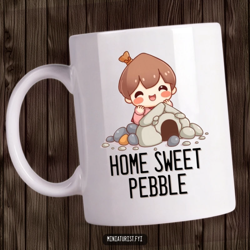 Funny mug showing a cute character happily building a tiny house using small pebbles, conveying industriousness and cheerful creativity.