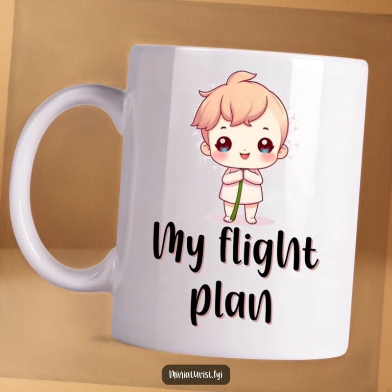 Funny Mug: a proud miniature character holding a huge dandelion seed, symbolizing accomplishment.