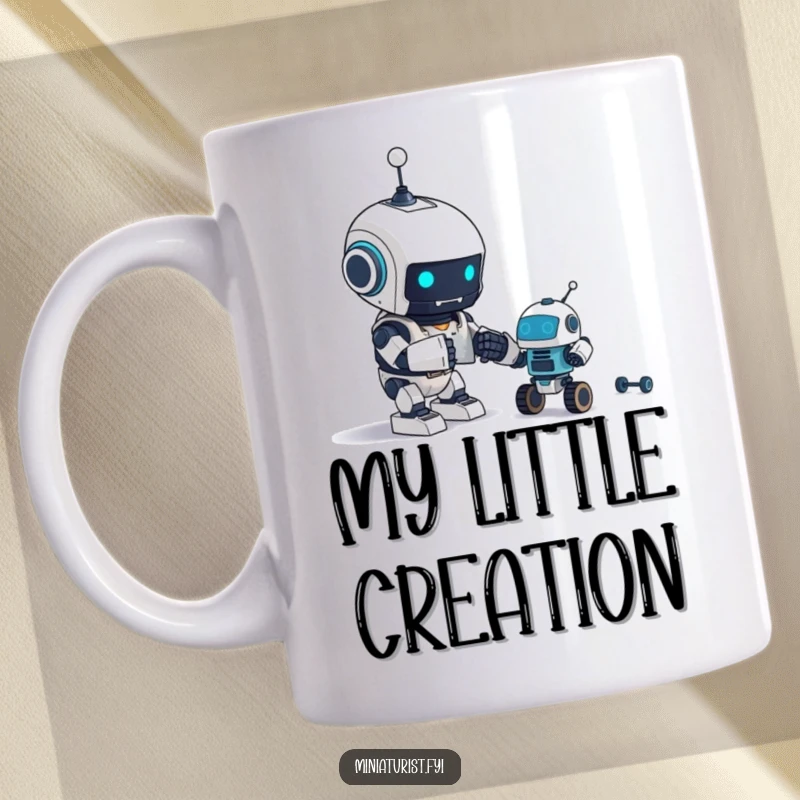 Funny Mug: A tiny robot excitedly assembles an even tinier robot, showcasing its passion for creation.