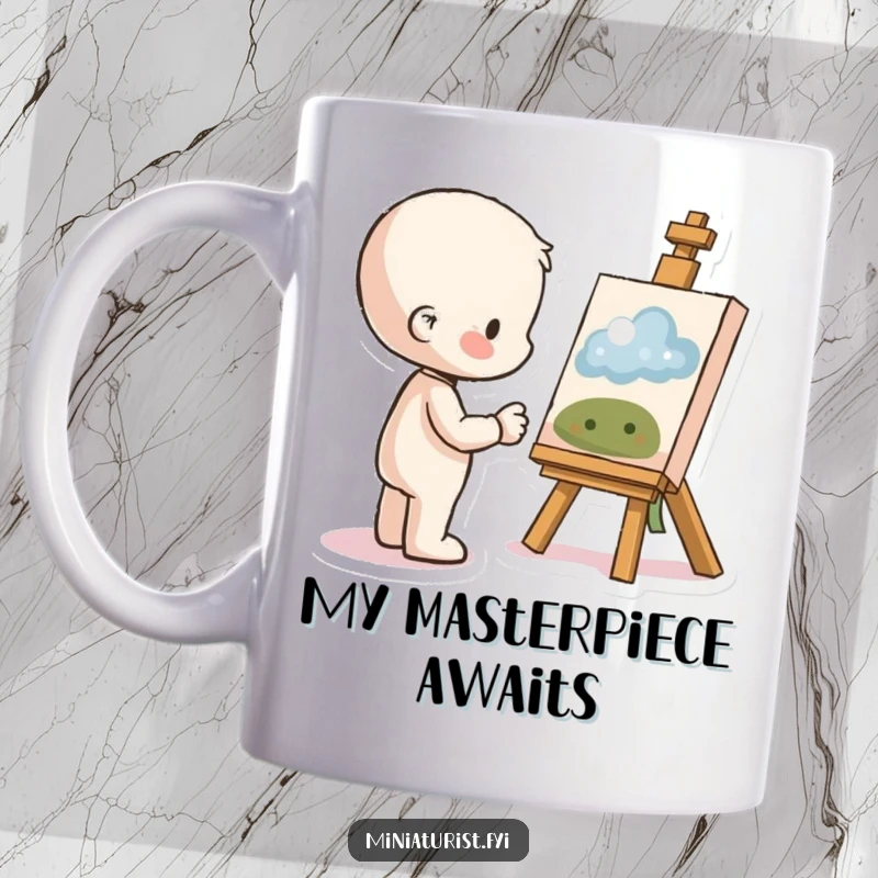 Funny Proud Artist Mug showing a small figure admiring a tiny artwork with pride and a smile, a humorous celebration of accomplishment.