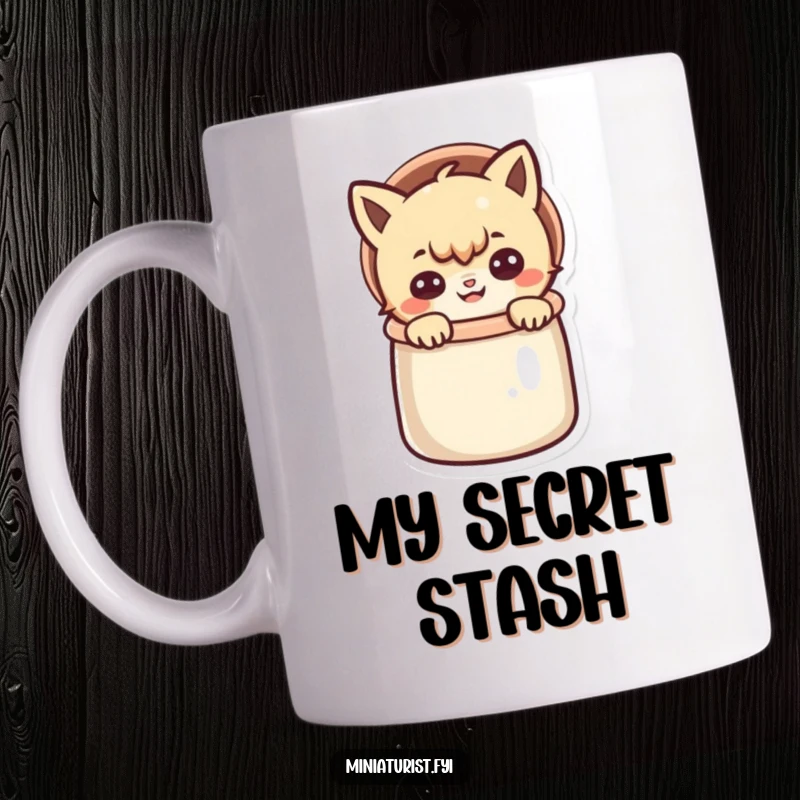 Funny mug with a mischievous small character peeking out of a thimble with a playful grin, hinting at tiny adventures.