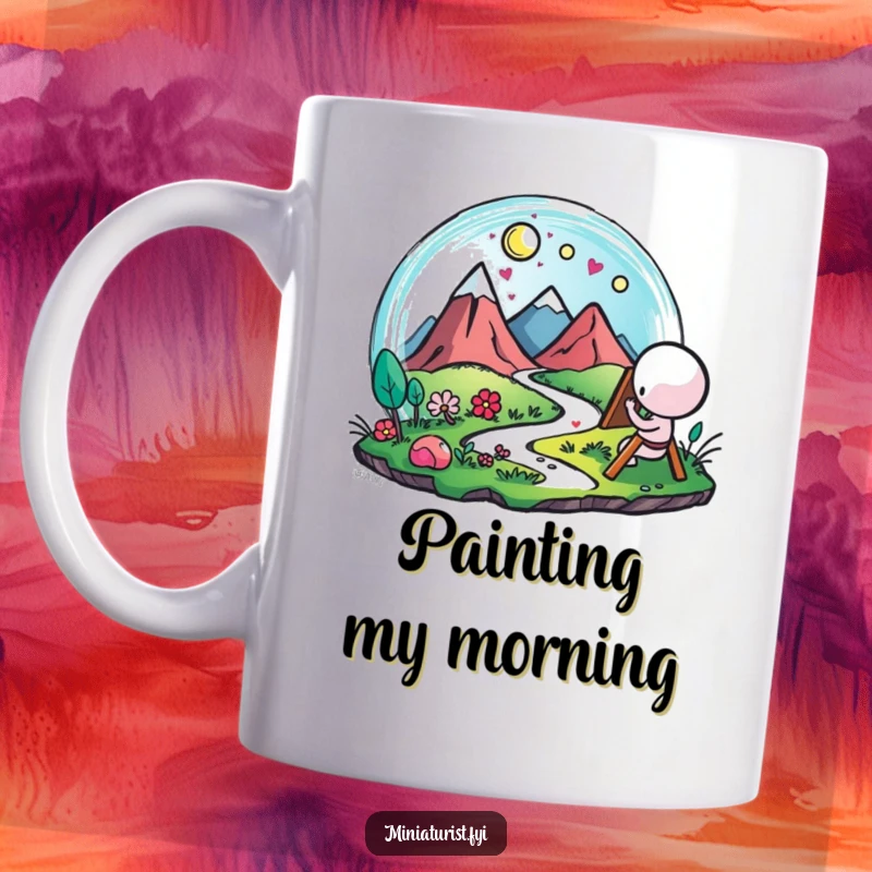 Funny Artist Landscape Mug, tiny figure painting a microscopic landscape with vibrant, happy strokes and a smile, perfect gift.