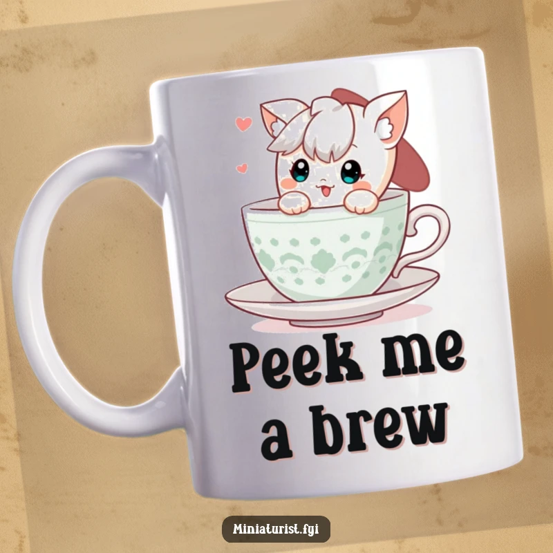 Funny Teacup Peek Mug: A cute character playfully peeking out from the rim of a tiny teacup, bringing joy.