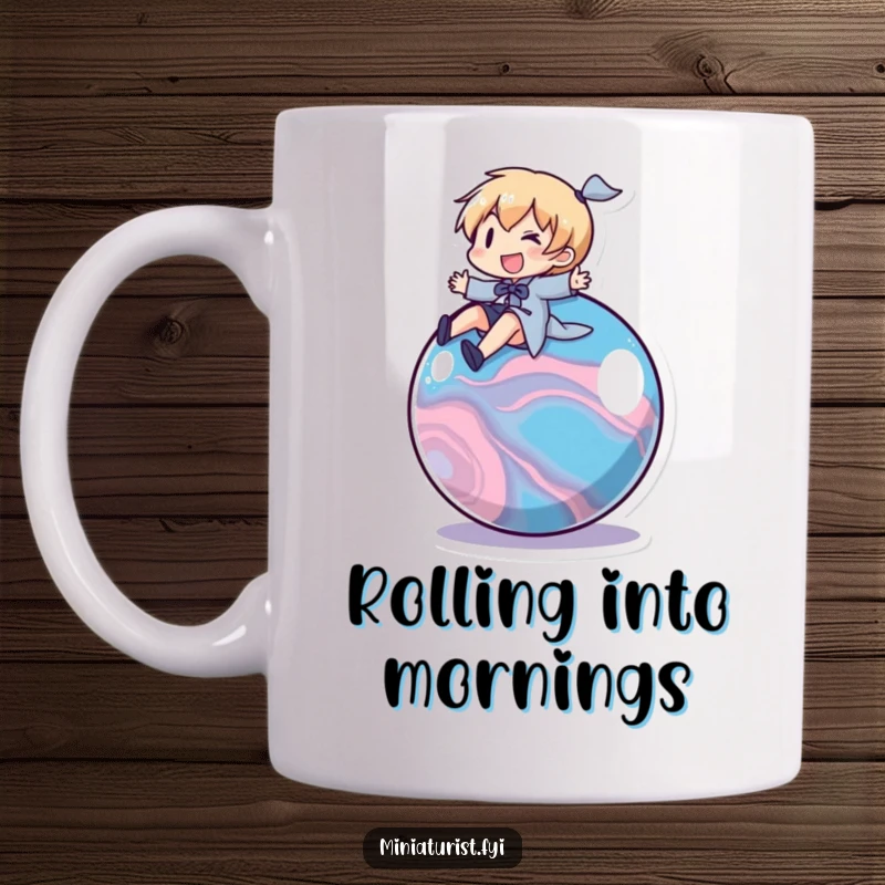 Funny Marble Rider Mug: A small character joyfully riding on the back of a rolling marble, capturing a sense of fun.