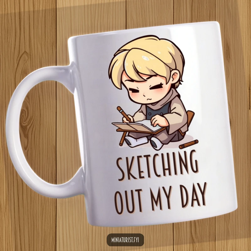Funny Artisan Sketcher Mug showing a tiny figure sketching on a small notepad with determination, a humorous tribute to creativity.