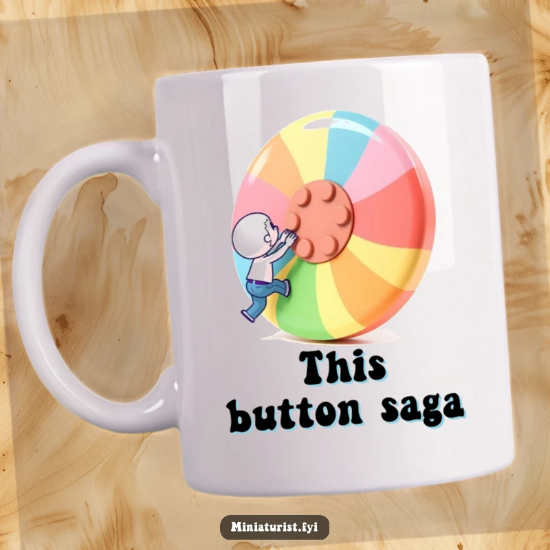 Funny Mug: A miniature character straining to lift a giant, colorful button, embodying immense effort.