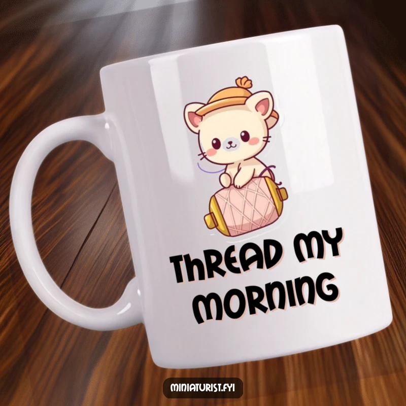 Funny Mug: A cute animal character wearing a tiny hat rides a runaway spool of thread with a mischievous grin.