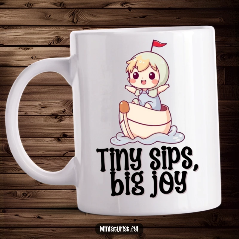 Funny miniature character joyfully riding a thimble like a boat, creating a whimsical scene on a mug.