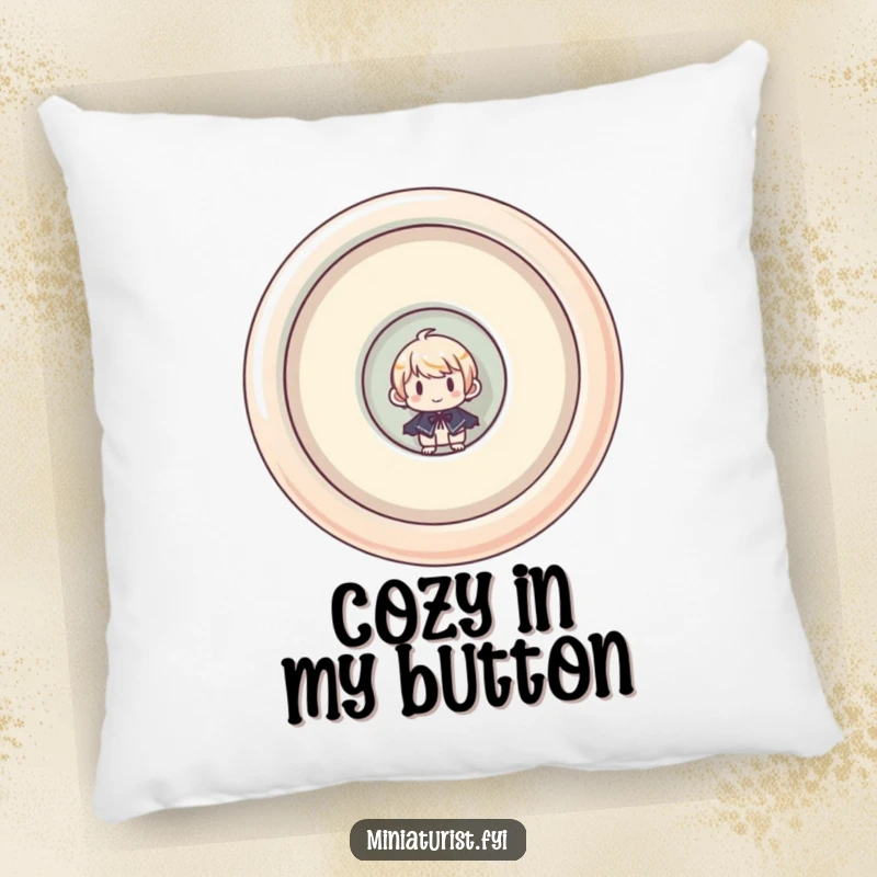 Funny pillow with a miniaturist character peeking from a huge, upside-down button, adding a touch of playful charm.