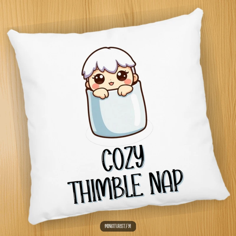 Funny Pillow: A tiny character expresses shock as it peeks out from a miniature thimble.
