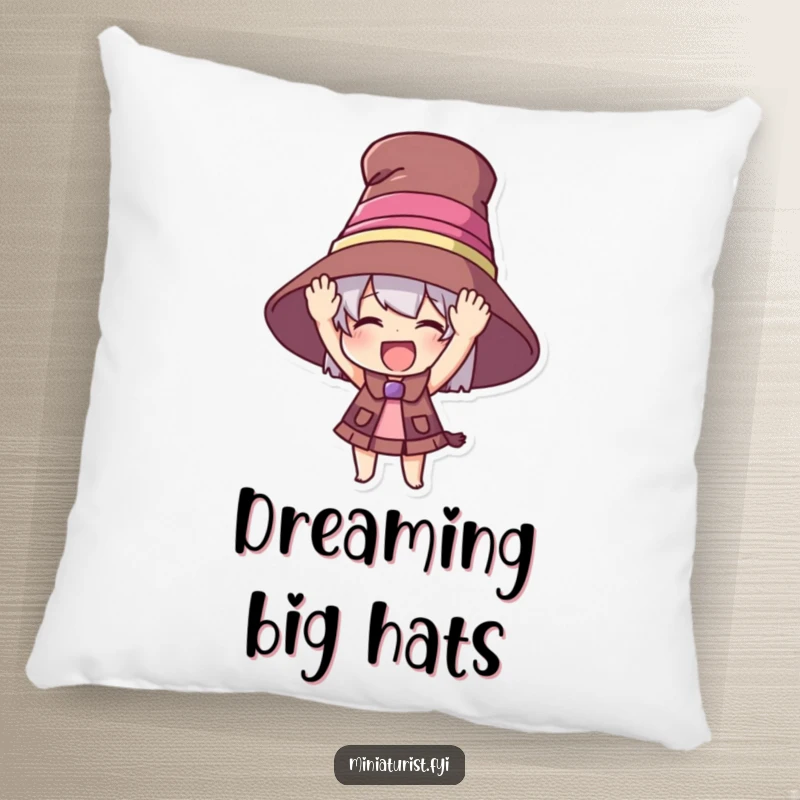 Funny pillow featuring a small character overwhelmed by an oversized hat, adding a touch of silliness and comfort.