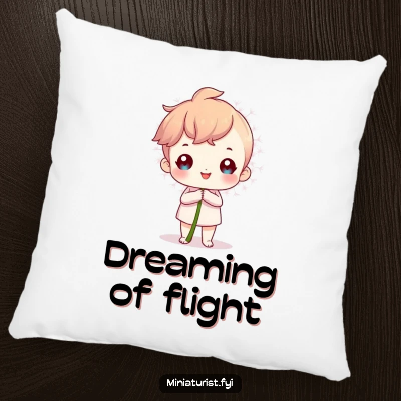 Funny Pillow depicting a proud miniature character holding a huge dandelion seed, a symbol of accomplishment.