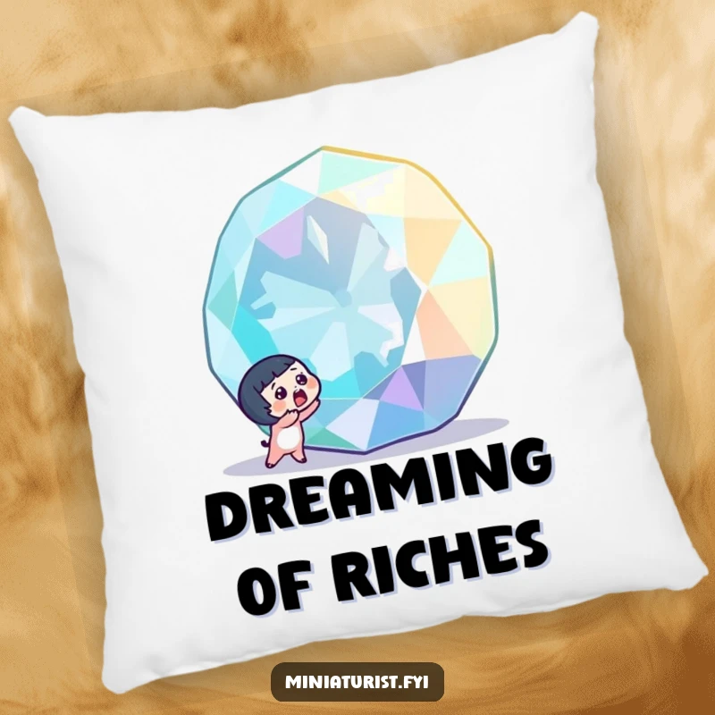 Funny tiny character with a surprised gasp, discovering a colossal, sparkling gemstone, decorating a soft and comfortable throw pillow.