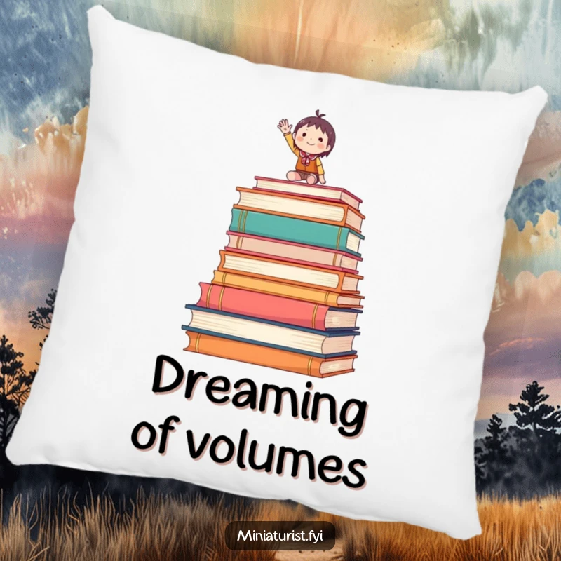 Funny pillow showing a tiny figure waving enthusiastically from atop oversized books, soft and literary decor.