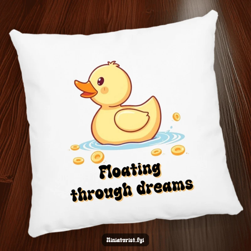 Funny pillow featuring a tiny rubber ducky paddling a huge cereal flake, a humorous and cozy addition to any room.