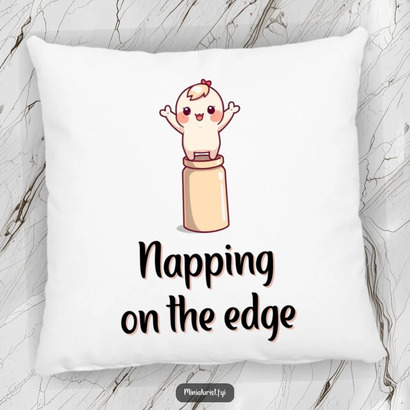 Funny tiny character precariously balancing on a thimble, arms flailing, depicted on a soft and decorative pillow.