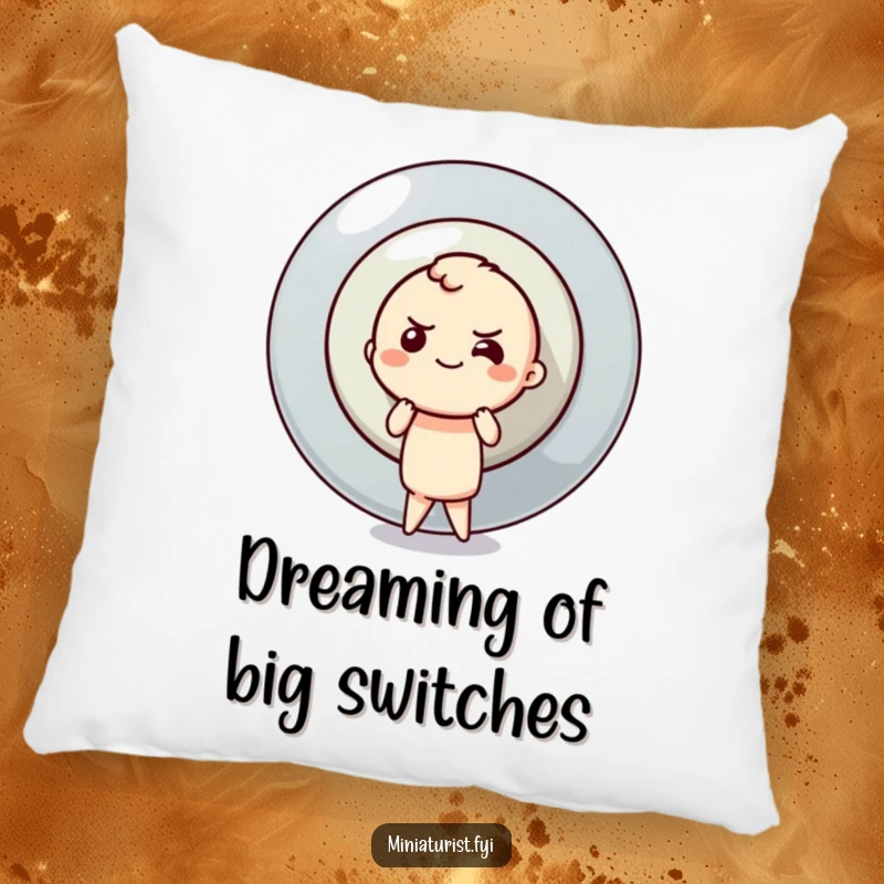 Funny button pusher pillow featuring a small determined character pushing a colossal button, offering cozy motivation and humor.