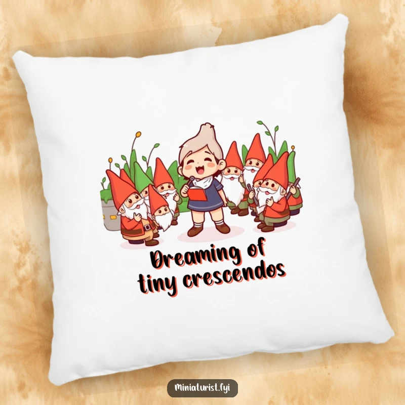 Funny Pillow: A charming miniature conductor leading a humorous orchestra of garden gnomes, perfect for cozy laughs.