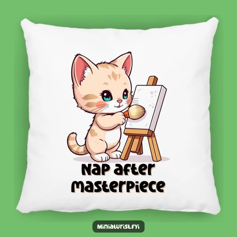 Funny Kitten Artist Pillow: Cozy Miniature Painter Accent Gift