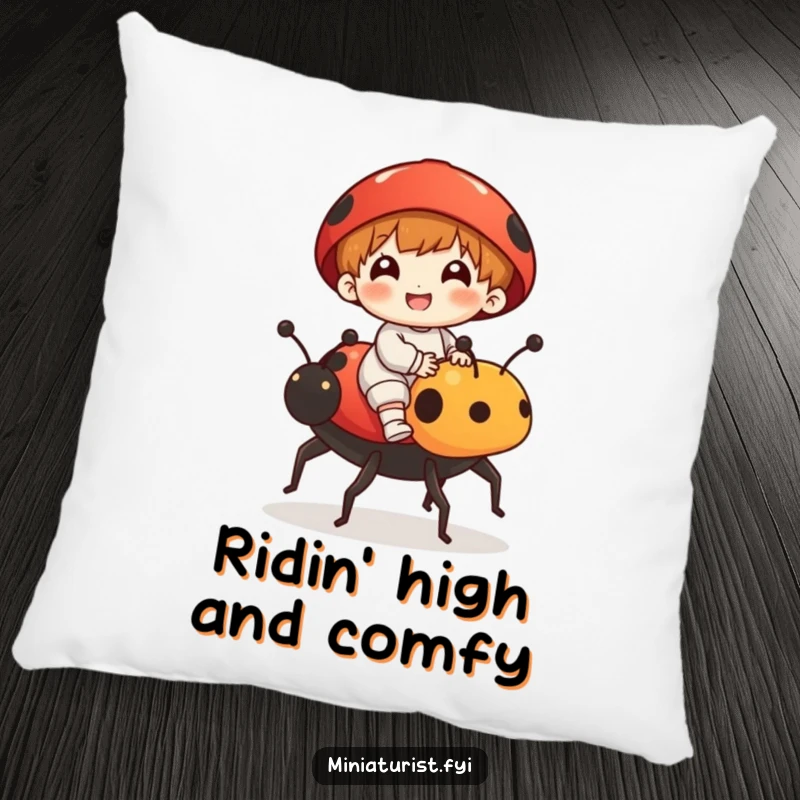 Funny pillow with a small character riding a ladybug steed, exuding joy and adventurous spirit, perfect for adding humor to any couch.