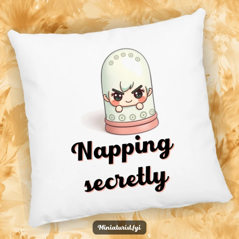 Funny miniature figure with a mischievous expression hiding behind a colossal thimble on a soft pillow, for playful relaxation.