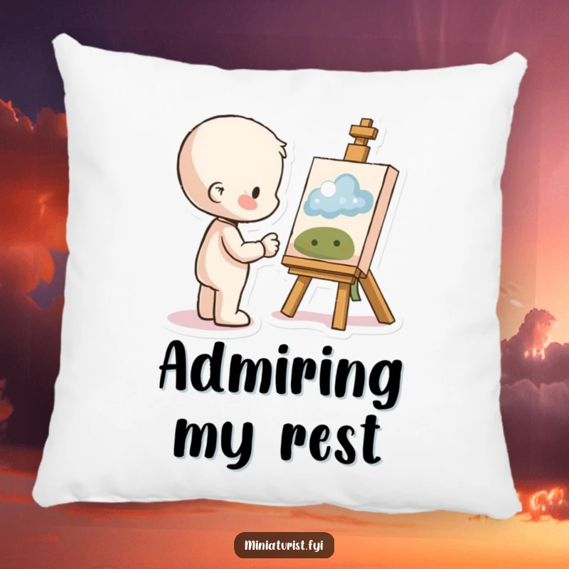 Funny Proud Artist Pillow showing a small figure admiring tiny artwork with pride, providing comfort and humor.