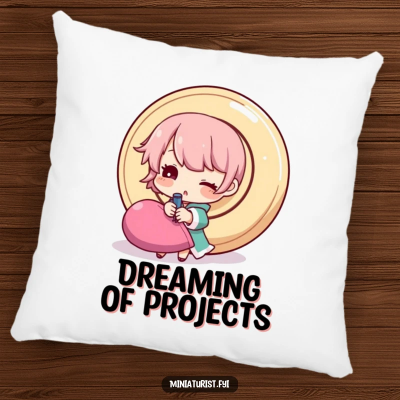 Funny sewing pillow showing a winking tiny character attempting to sew a giant button, adding a touch of humor to home decor.