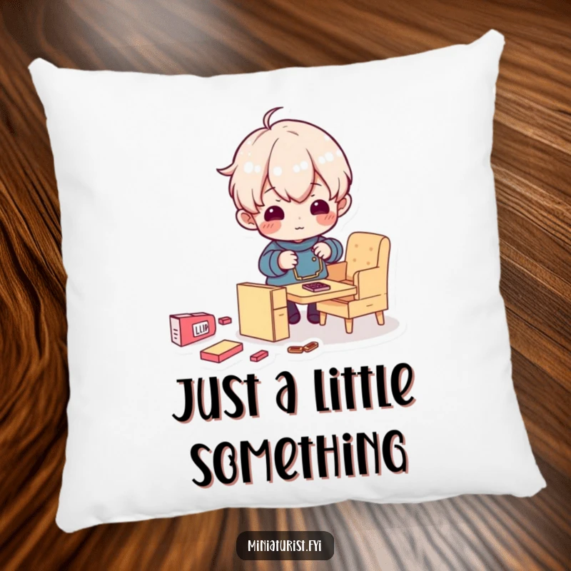 Funny pillow design showcasing a tiny character engaged in the humorous and enthusiastic assembly of miniature furniture.