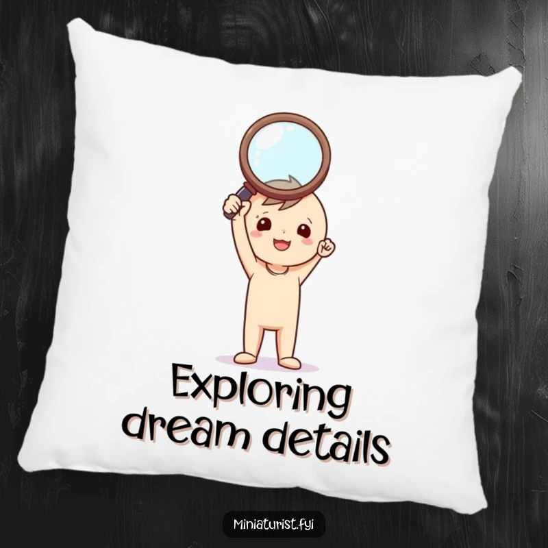 Funny Investigator Pillow: Tiny triumphant figure holding a comically large magnifying glass, adding cozy mystery and humor.