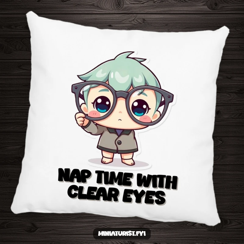 Funny Pillow: A miniature character diligently polishes an oversized pair of spectacles, adding cozy humor.