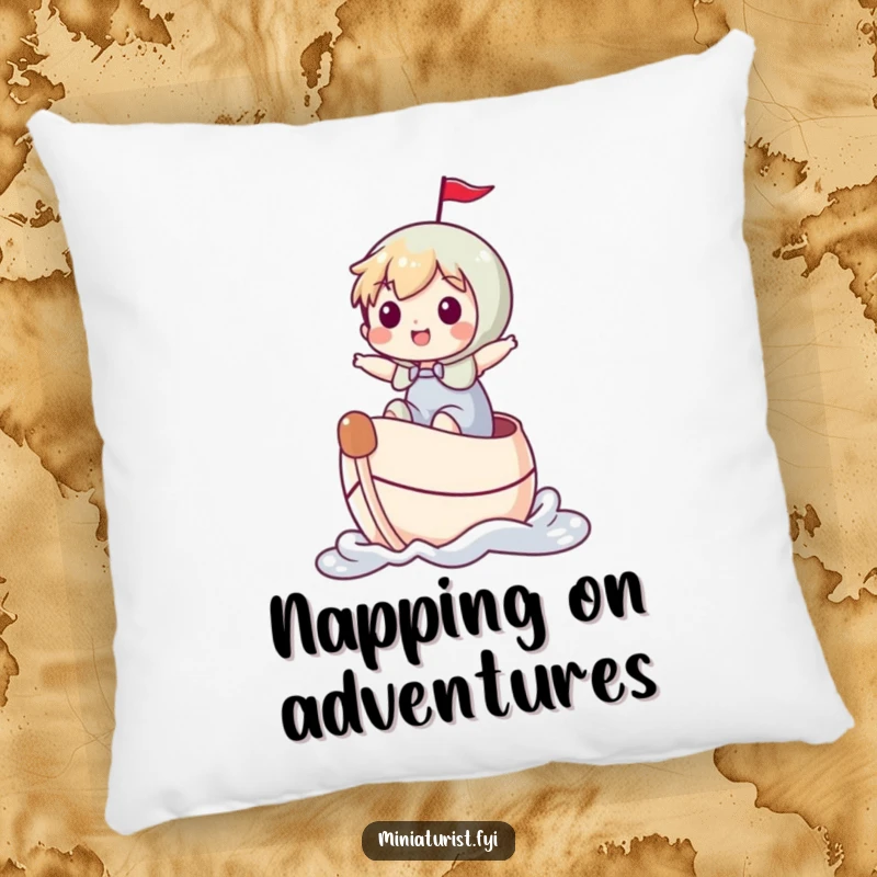 Funny miniature character joyfully riding a thimble like a boat, designed for a soft and whimsical pillow.