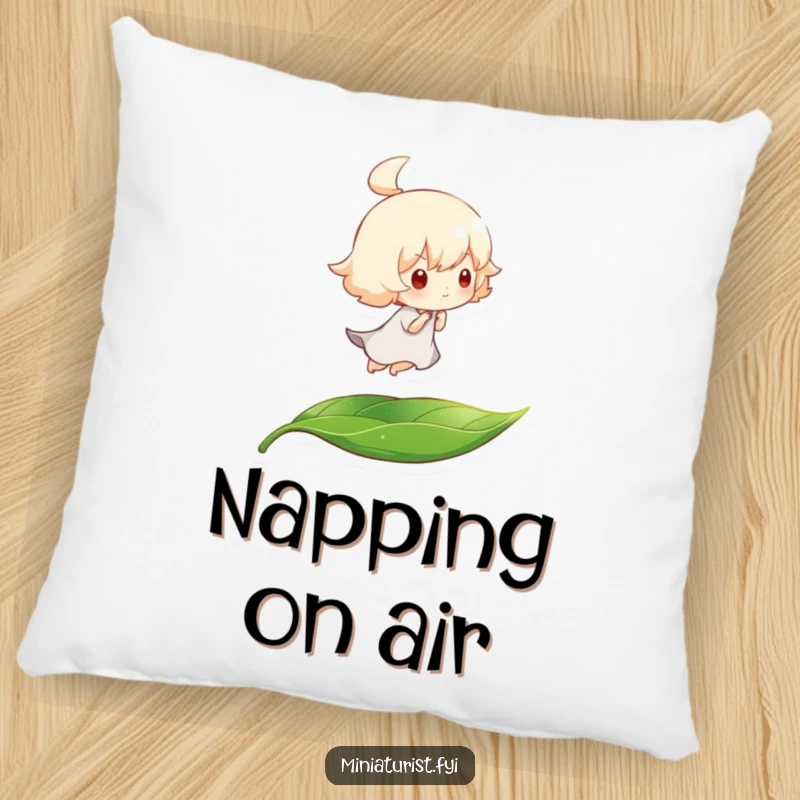 Funny pillow with a tiny character riding a leaf, carried by a gentle breeze, offering comfort and humorous decor.