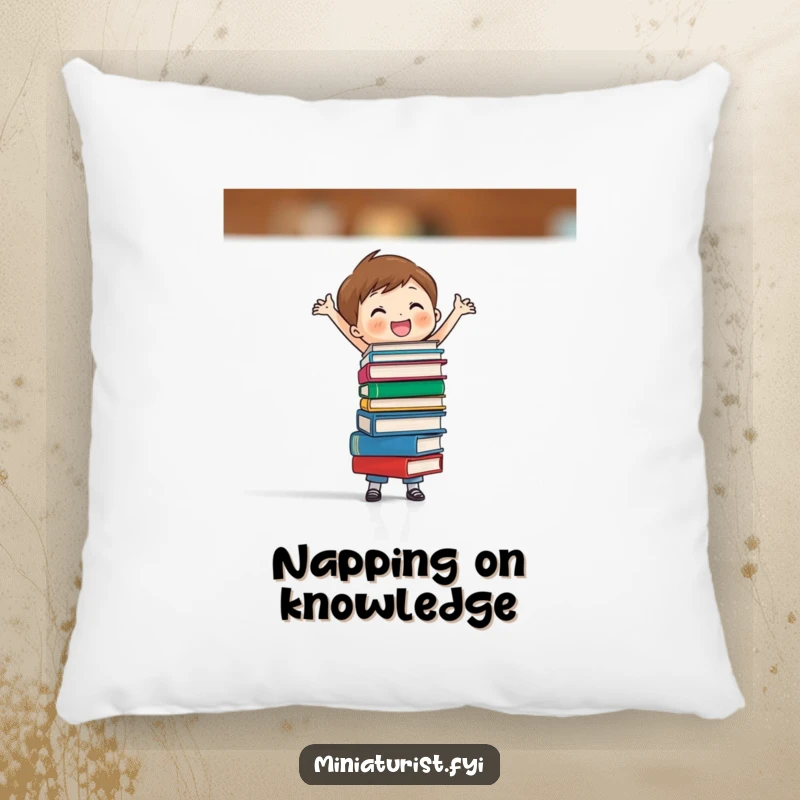 Funny pillow with a small character balancing a small stack of books, adding a touch of cozy intellectual humor to any space.
