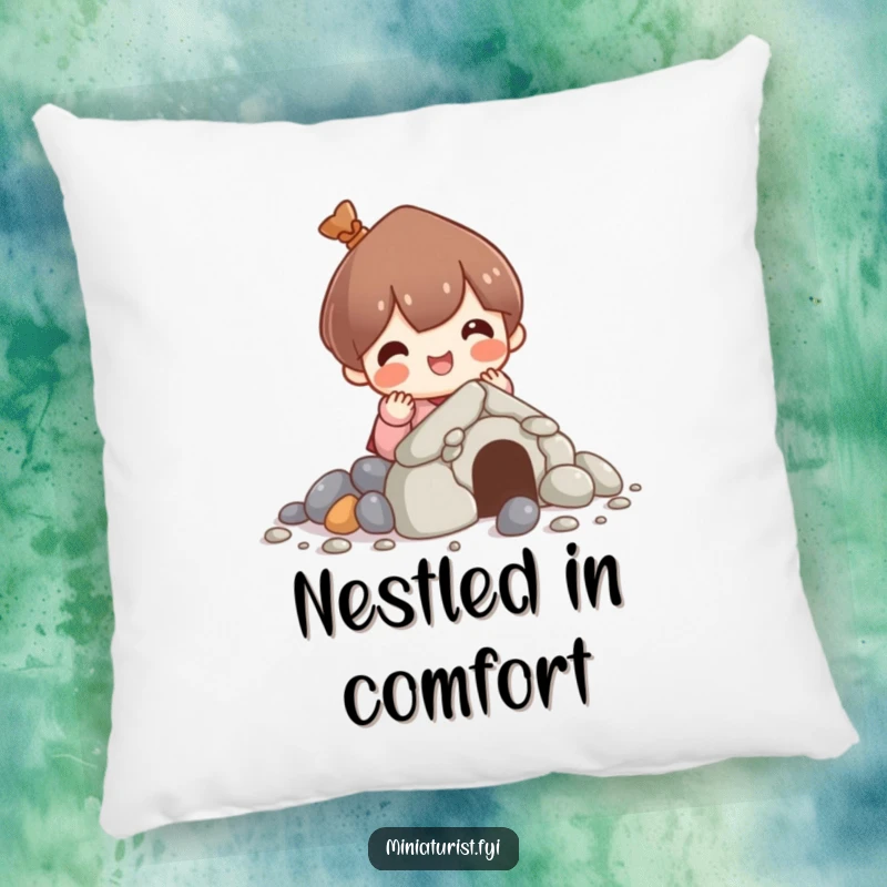Funny pillow showcasing a character happily building a house out of pebbles, offering comfort and a touch of creative charm.