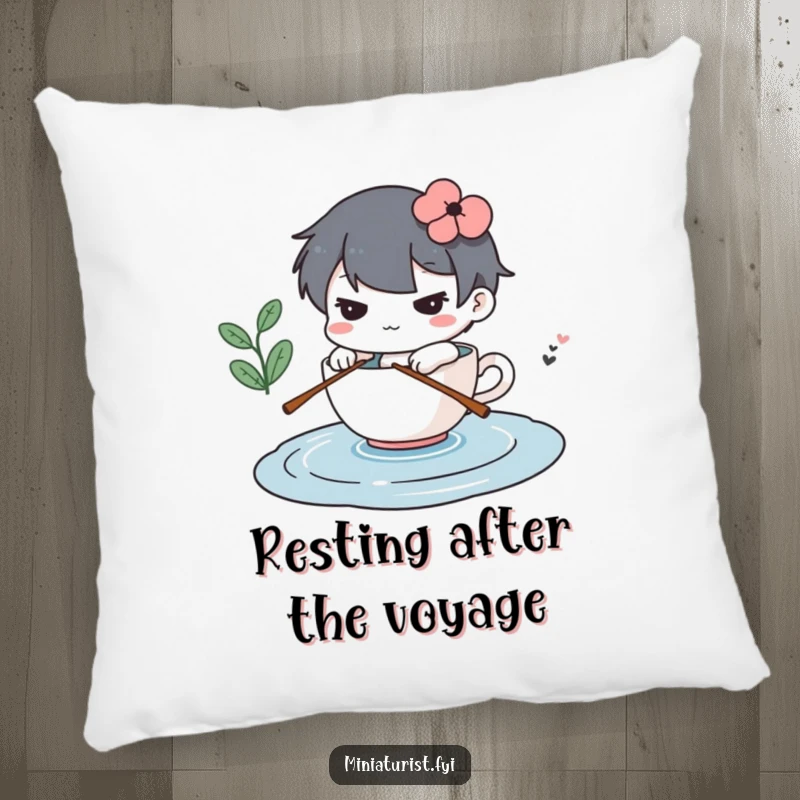 Funny pillow showing a determined miniature character rowing a teacup across a puddle, soft and inspiring decor.