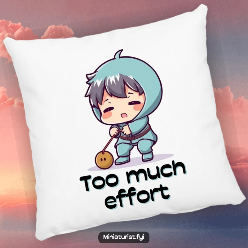 Funny pillow design showcasing a tiny character comically struggling to lift a minuscule weight, a humorous accent piece.