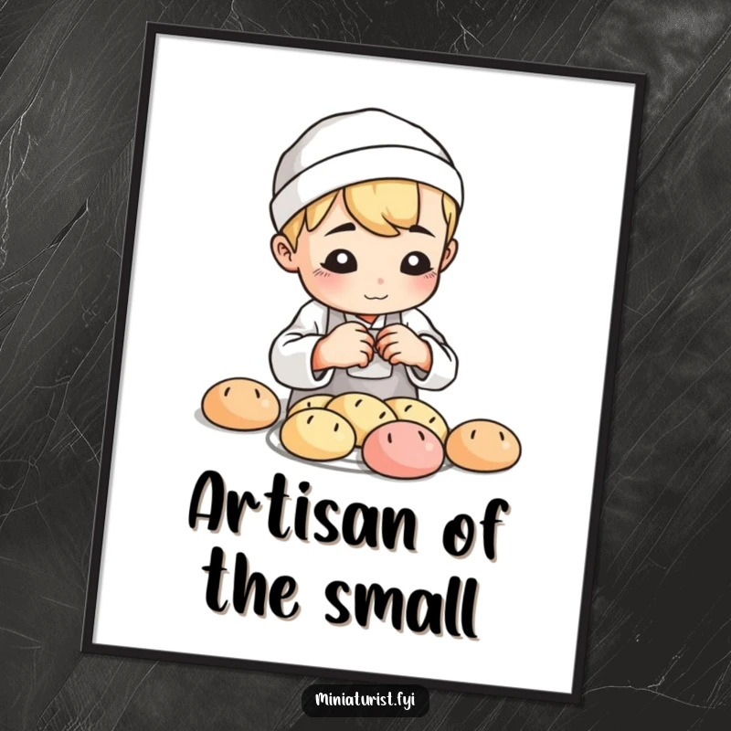 Funny Baker Loaf Digital Art Print, high-resolution image of a small baker shaping minuscule clay bread loaves with playful concentration.