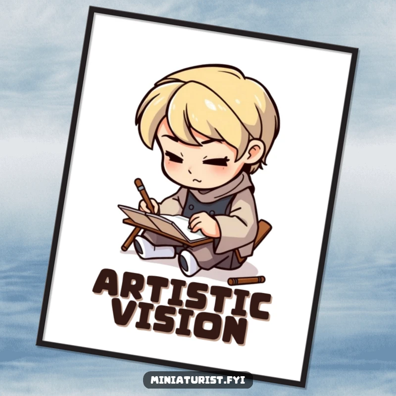 Funny Artisan Sketcher Digital Art Print showing a small figure sketching on a tiny notepad, bringing creative humor to displays.