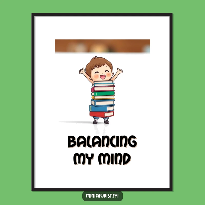 Funny Book Balance Digital Art: Tiny Scholar Print, Hilarious Wall Decor
