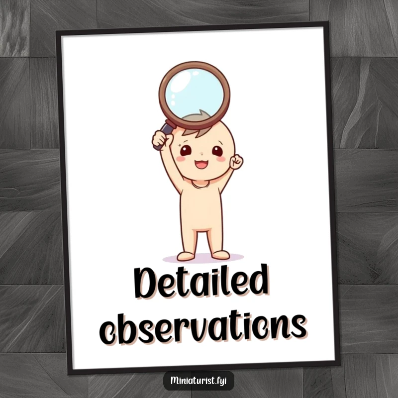 Funny Investigator Digital Art: Tiny triumphant figure holding a comically large magnifying glass aloft, a witty and downloadable illustration.